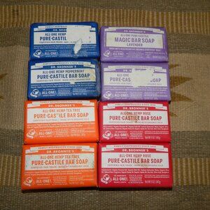 8 Dr Bronner Bar Soaps - Lavender - Tea Tree - Rose - Peppermint - 5oz Each